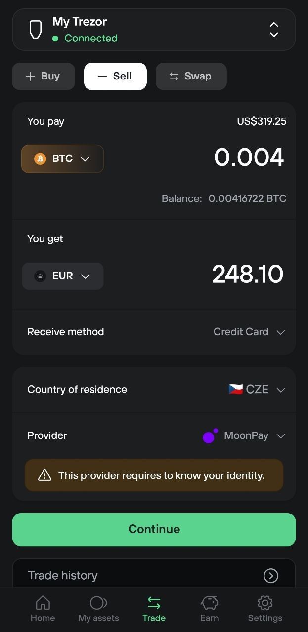 Mobile trade screen set to sell BTC for EUR, with credit card receipt, Czech residence, and MoonPay selected