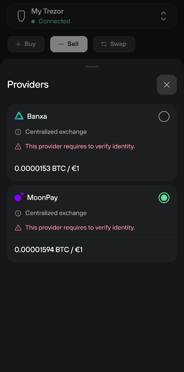 Provider selection sheet showing Banxa and MoonPay rates, with MoonPay selected and identity verification required