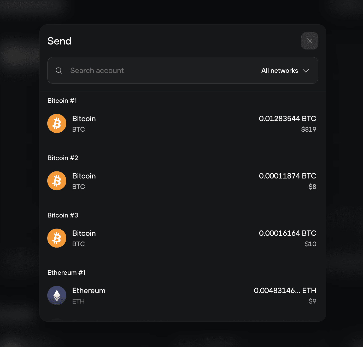 Send dialog lists Bitcoin and Ethereum accounts with balances, plus account search and network filter.