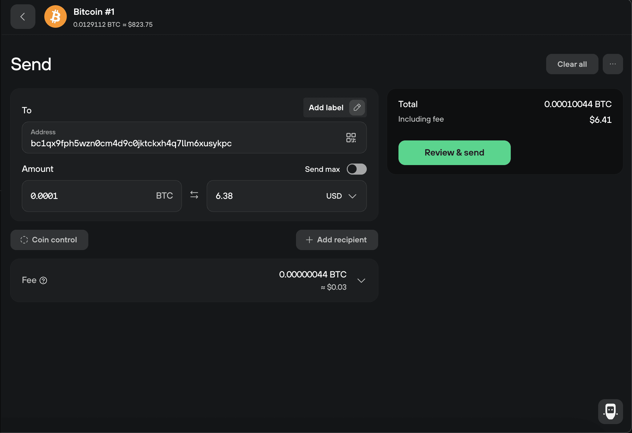 Trezor Suite Bitcoin send form shows recipient address, 0.0001 BTC amount, fee, and Review & send button.