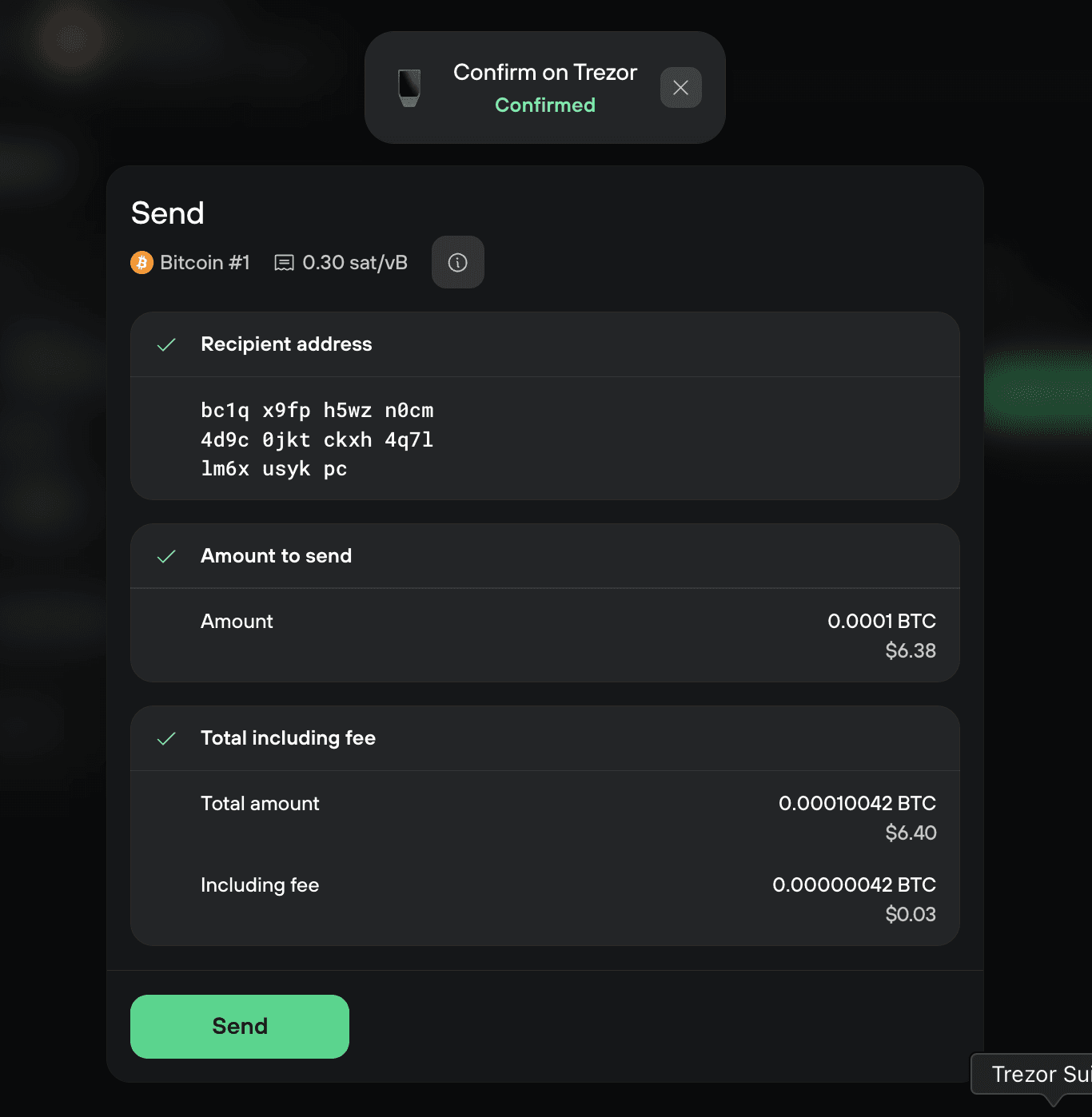 Trezor Suite send review confirms recipient, 0.0001 BTC amount, total with fee, and device confirmation.