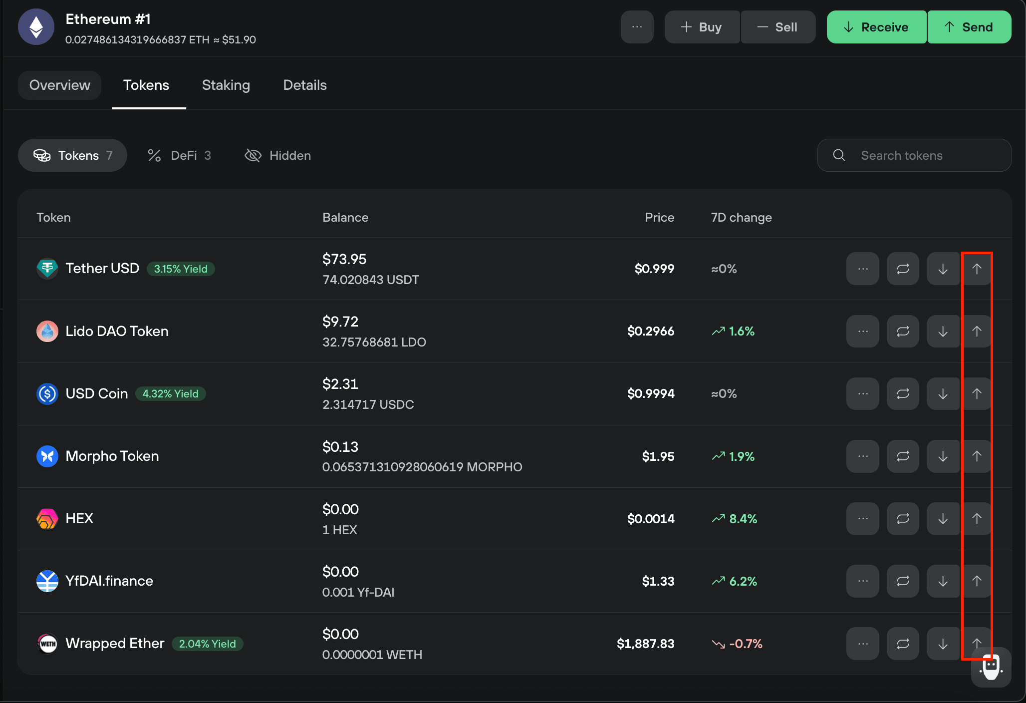Trezor Suite Tokens tab highlights the Send buttons for each Ethereum token.