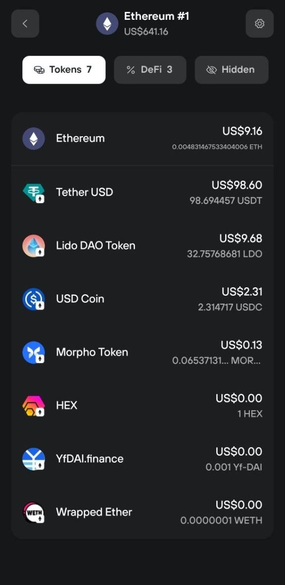 Trezor Suite mobile Ethereum account lists Ethereum and seven tokens with balances in the Tokens tab.