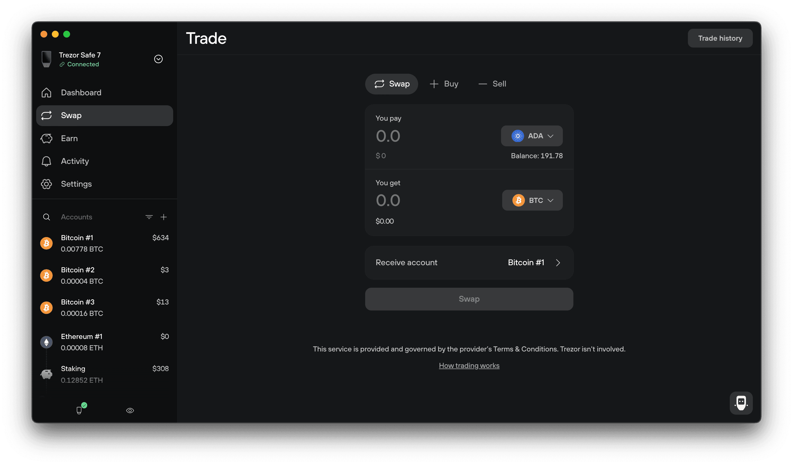 Trezor Suite Trade page with the Swap tab open and empty You pay and You get fields