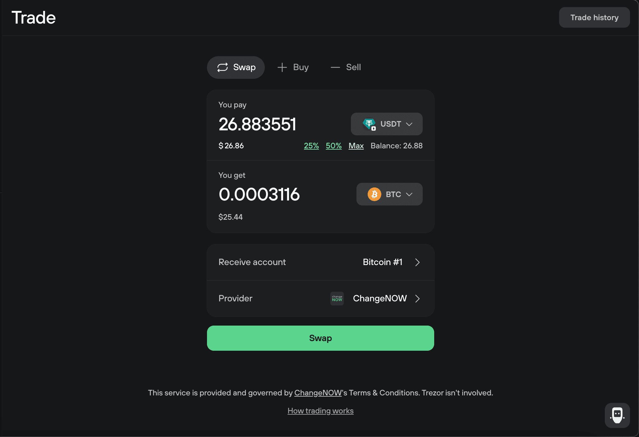 Swap form with 26.88 USDT to BTC, 25%, 50% and Max shortcuts, Bitcoin #1 receive account, and ChangeNOW