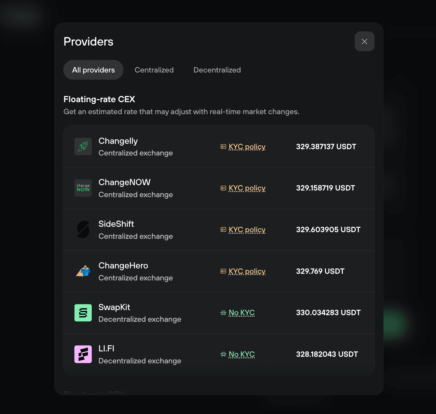 Providers window listing centralized and decentralized exchanges with KYC labels and quoted USDT amounts
