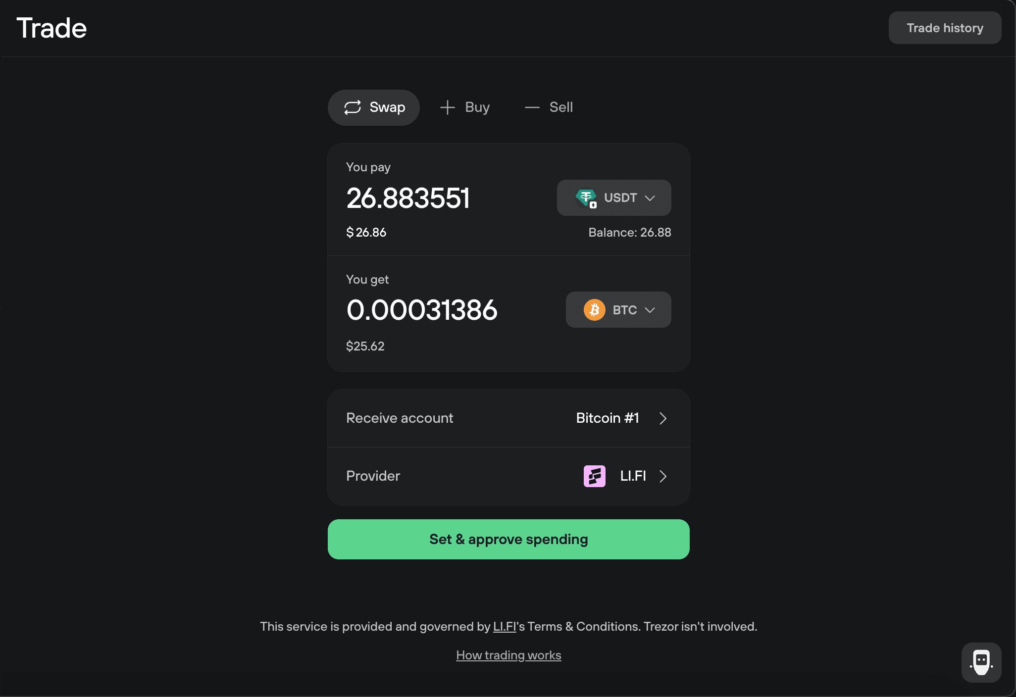 Swap form with 26.88 USDT to BTC via LI.FI and a Set & approve spending button