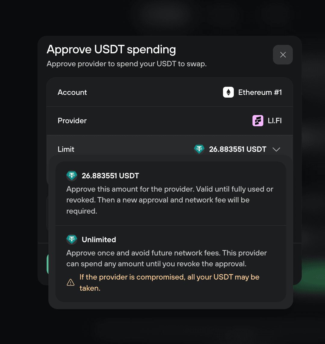 Approve USDT spending window with the Limit menu open, showing the exact amount and an Unlimited option