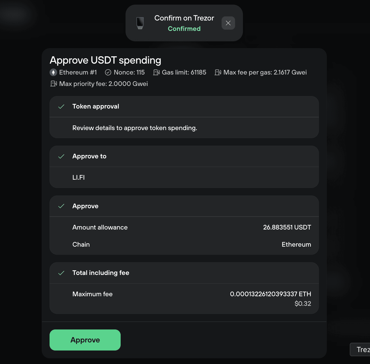 Approval confirmation: LI.FI allowed to spend 26.88 USDT on Ethereum, maximum fee, and Approve button