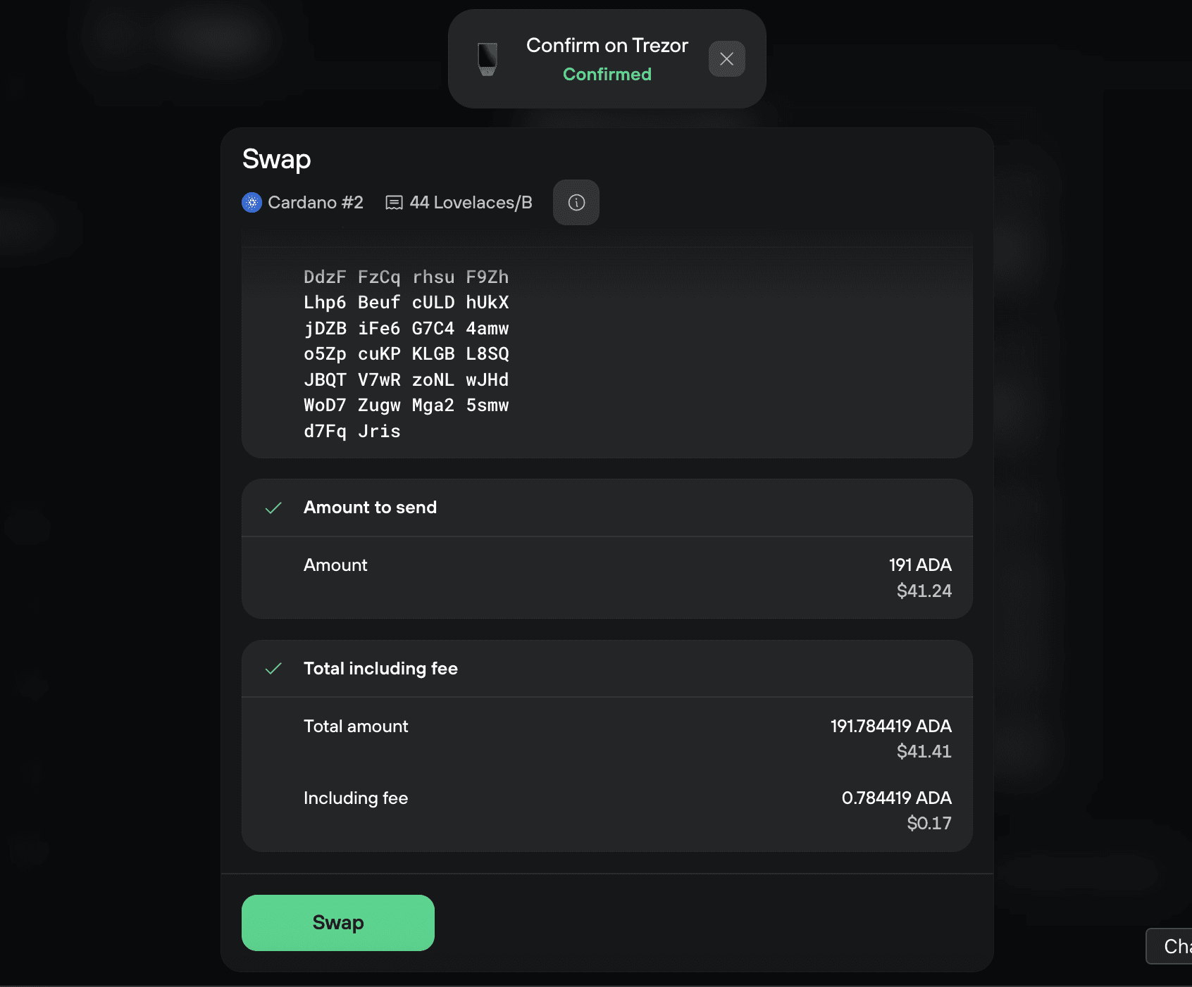 Swap confirmation showing recipient address, amount to send, total including fee, and Swap button