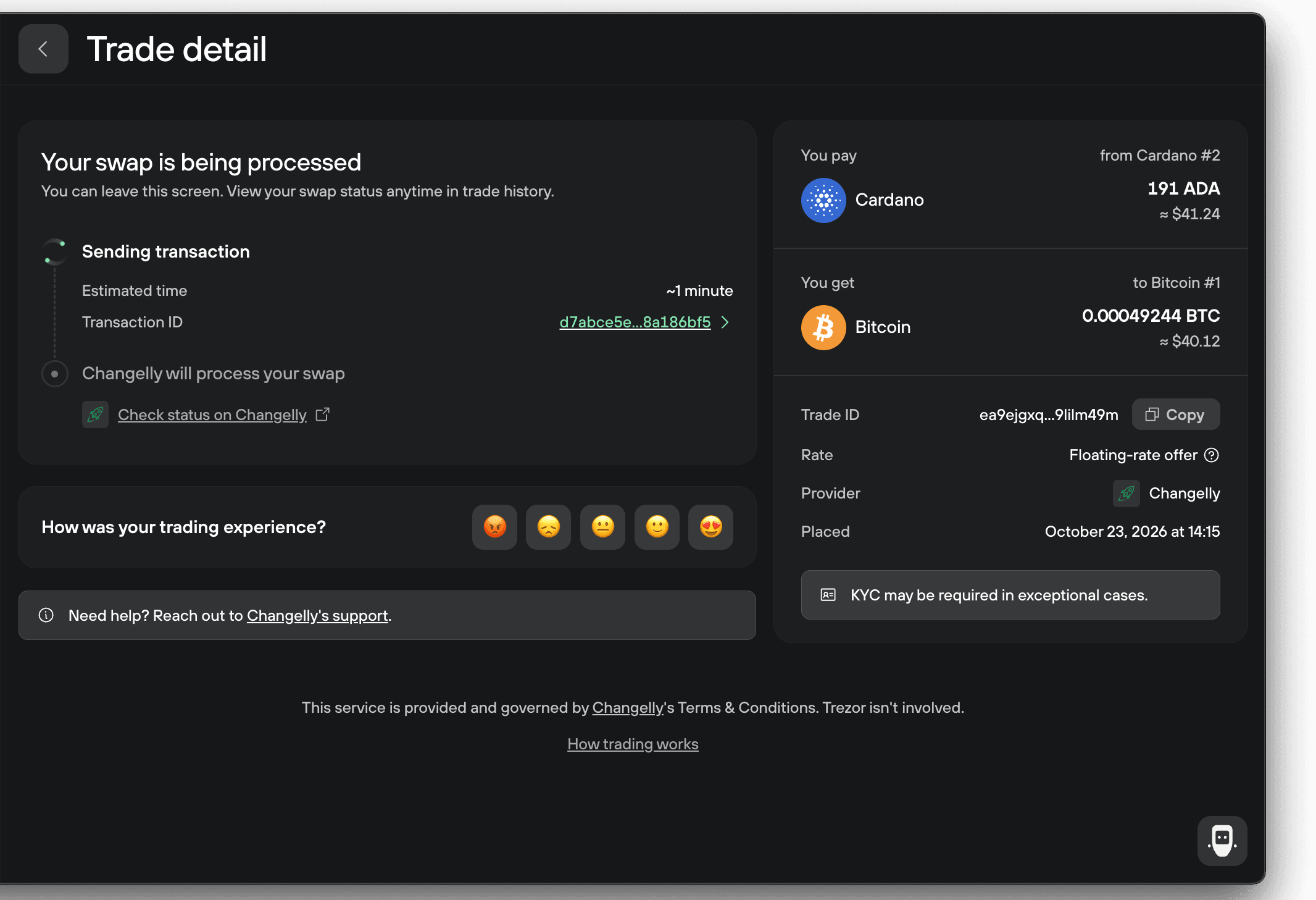 Trade detail page: processing timeline, transaction ID, Check status on Changelly link, and Trade ID with Copy