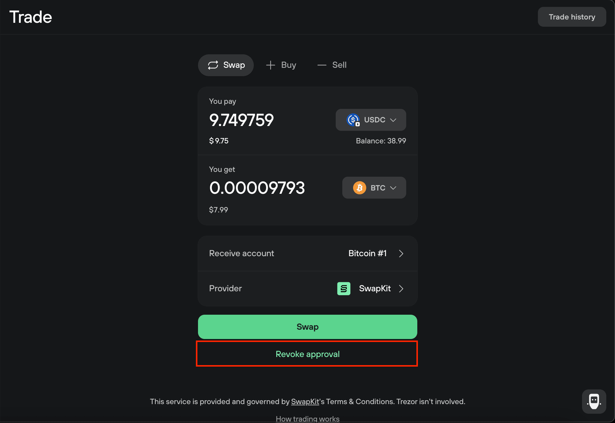 Desktop swap form with USDC to BTC via LI.FI, Swap button, and a Revoke approval link below it