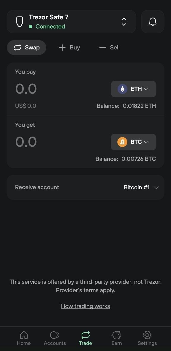 Trezor Suite mobile Trade tab with Swap selected and empty You pay and You get fields