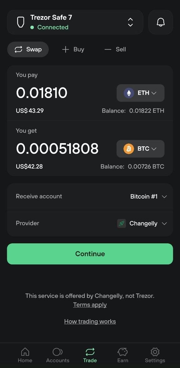 Mobile swap form with 0.0181 ETH to BTC, Bitcoin #1 receive account, Changelly provider, and Continue button