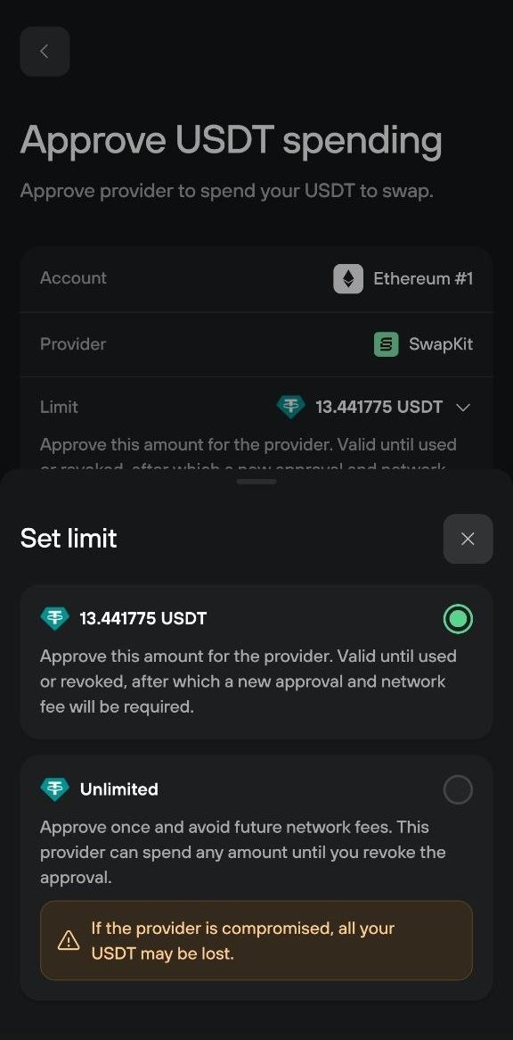 Mobile Set limit sheet with the exact USDT amount selected and an Unlimited option with a risk warning
