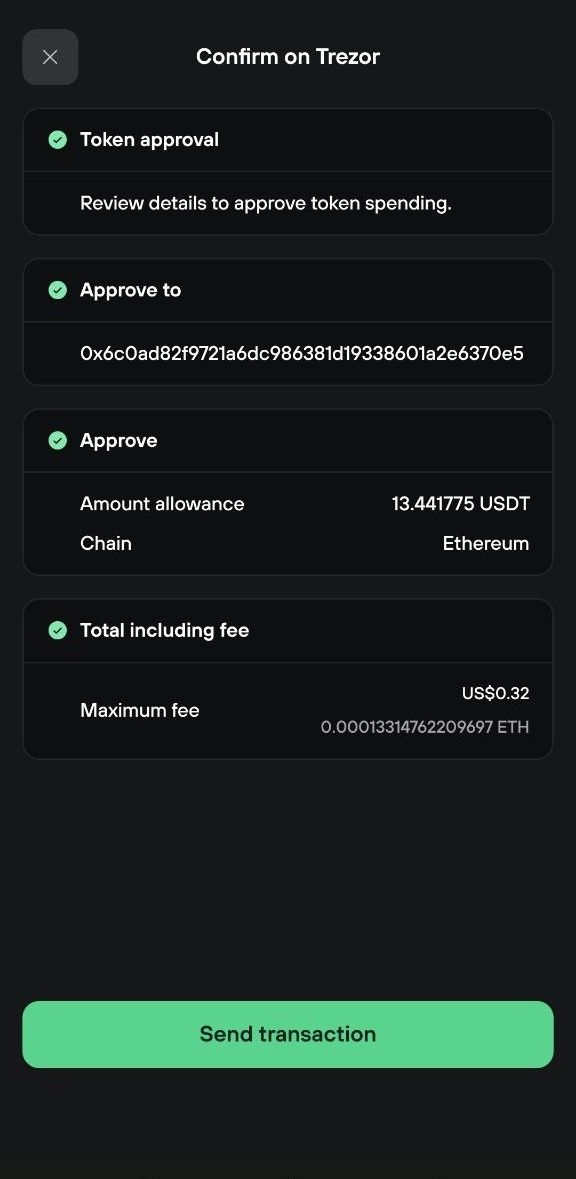 Mobile Confirm on Trezor screen for a token approval with allowance, chain, maximum fee, and Send transaction