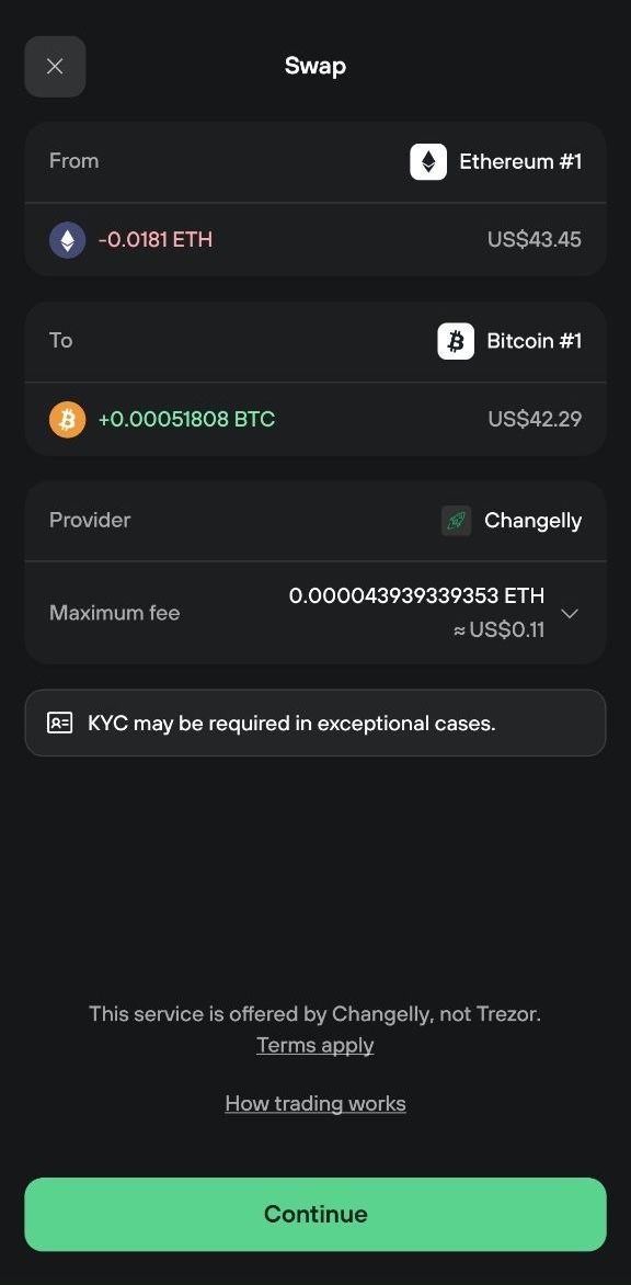 Mobile swap review: ETH from Ethereum #1 to BTC in Bitcoin #1 via Changelly, maximum fee, and KYC notice