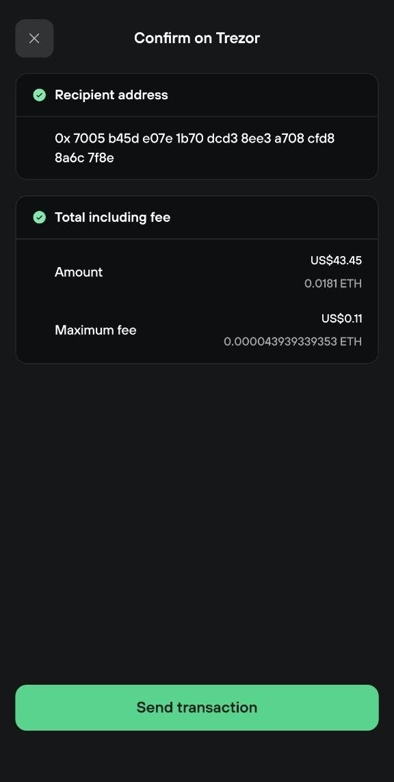 Mobile Confirm on Trezor screen with recipient address, amount, maximum fee, and Send transaction button