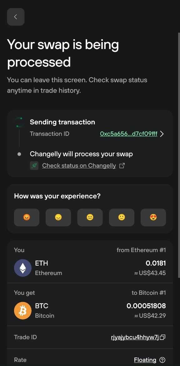 Mobile swap processing screen with transaction ID, Check status on Changelly link, amounts, and Trade ID
