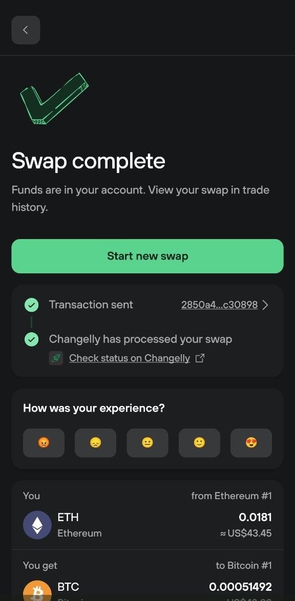 Mobile Swap complete screen with a Start new swap button and both progress steps checked