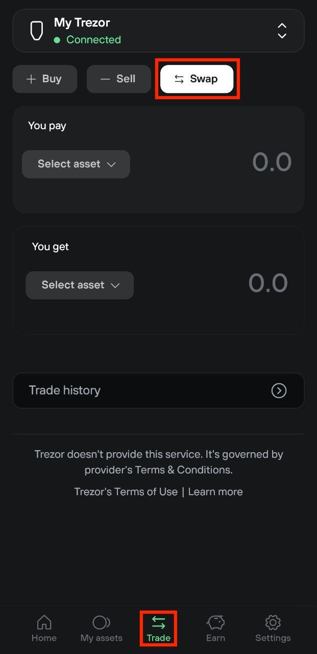 Mobile trade screen with Swap and Trade tabs highlighted above empty asset selectors