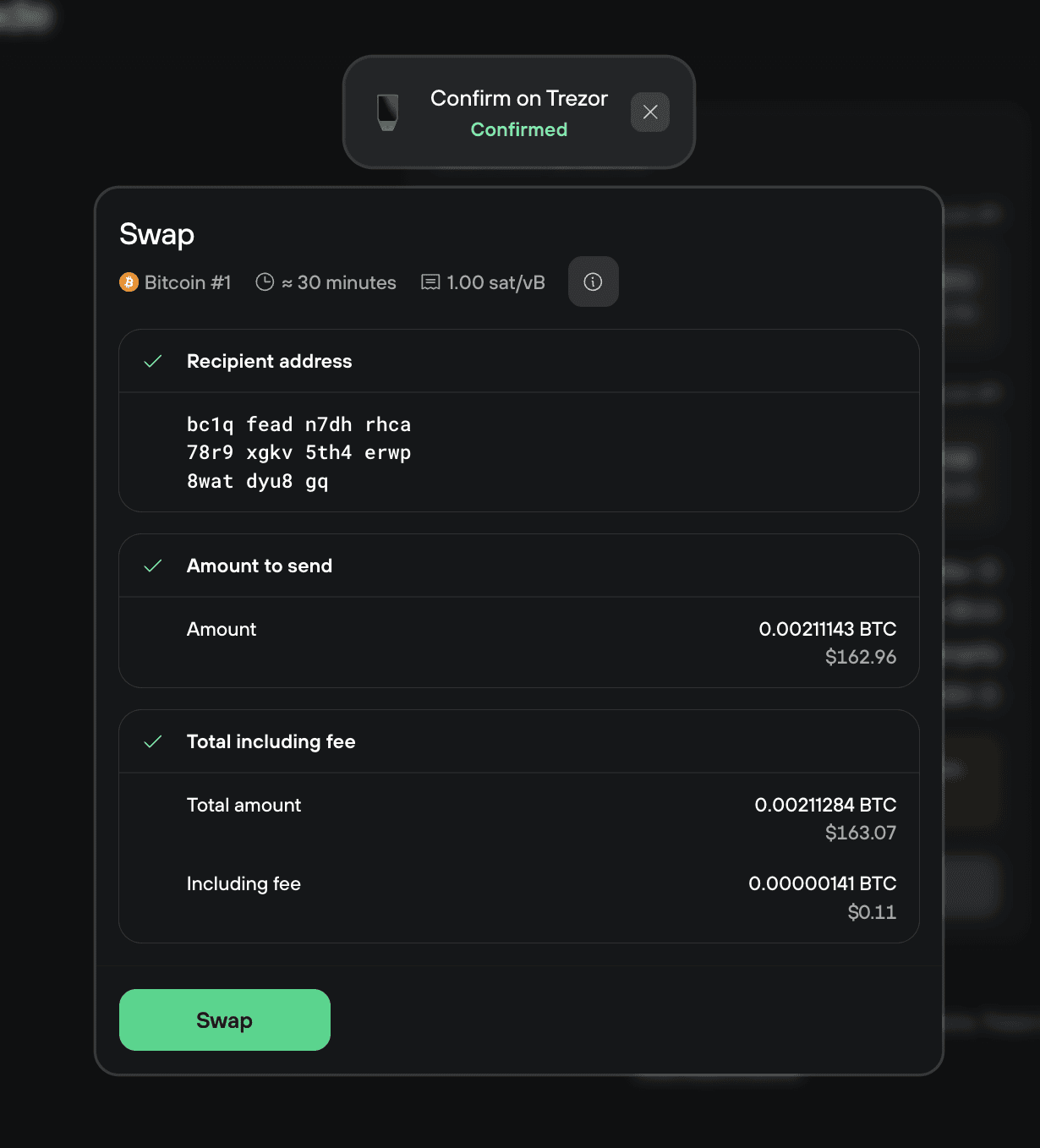 Trezor Suite swap review showing confirmed device check, recipient address, amount, and fee