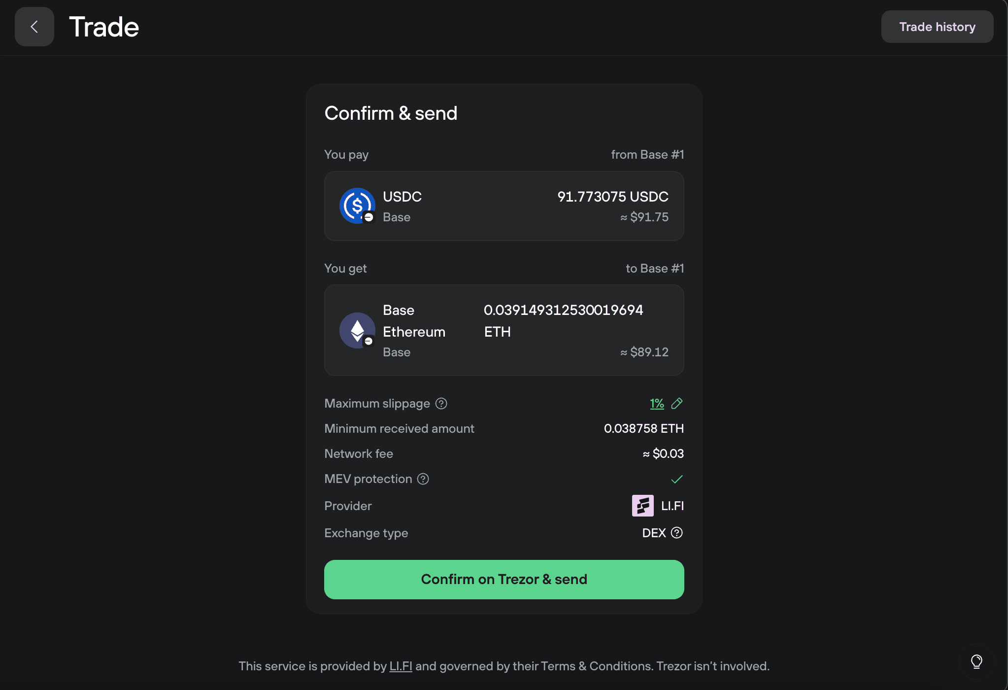 Confirm and send screen showing USDC swapped for Base Ethereum with slippage, fees, MEV protection, and provider details