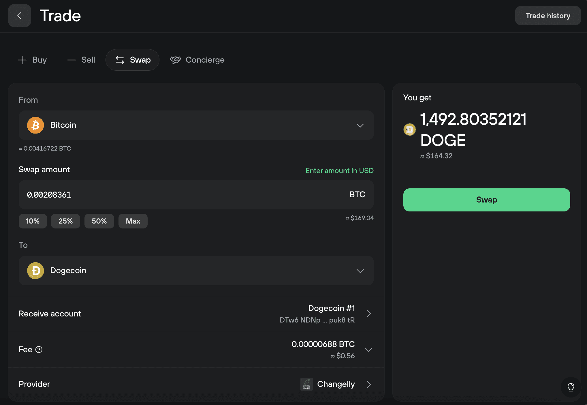 Swap form showing Bitcoin exchanged for Dogecoin with amount, receive account, fee, and provider details