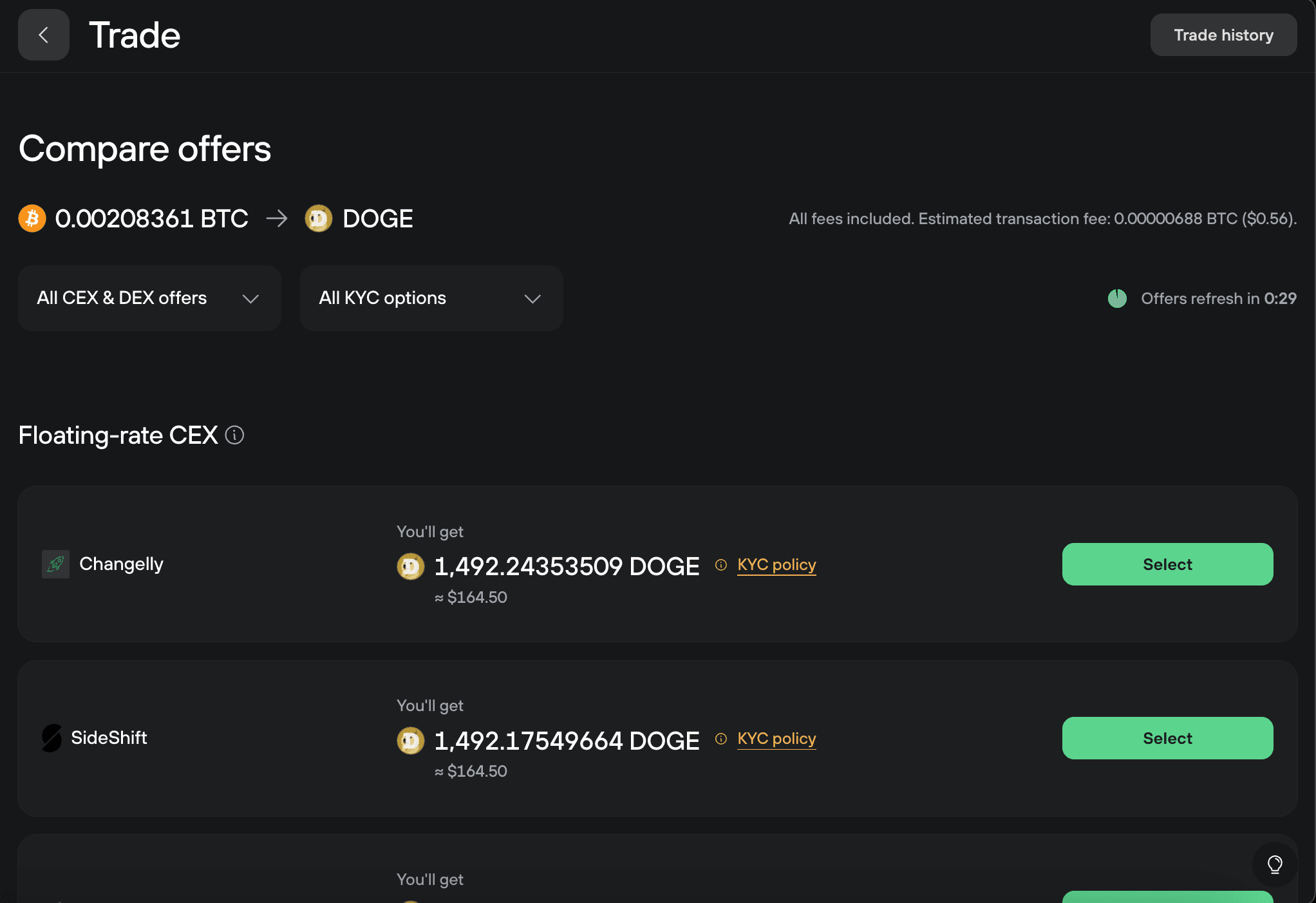 Trade screen comparing BTC-to-DOGE swap offers from providers with KYC filters and Select buttons