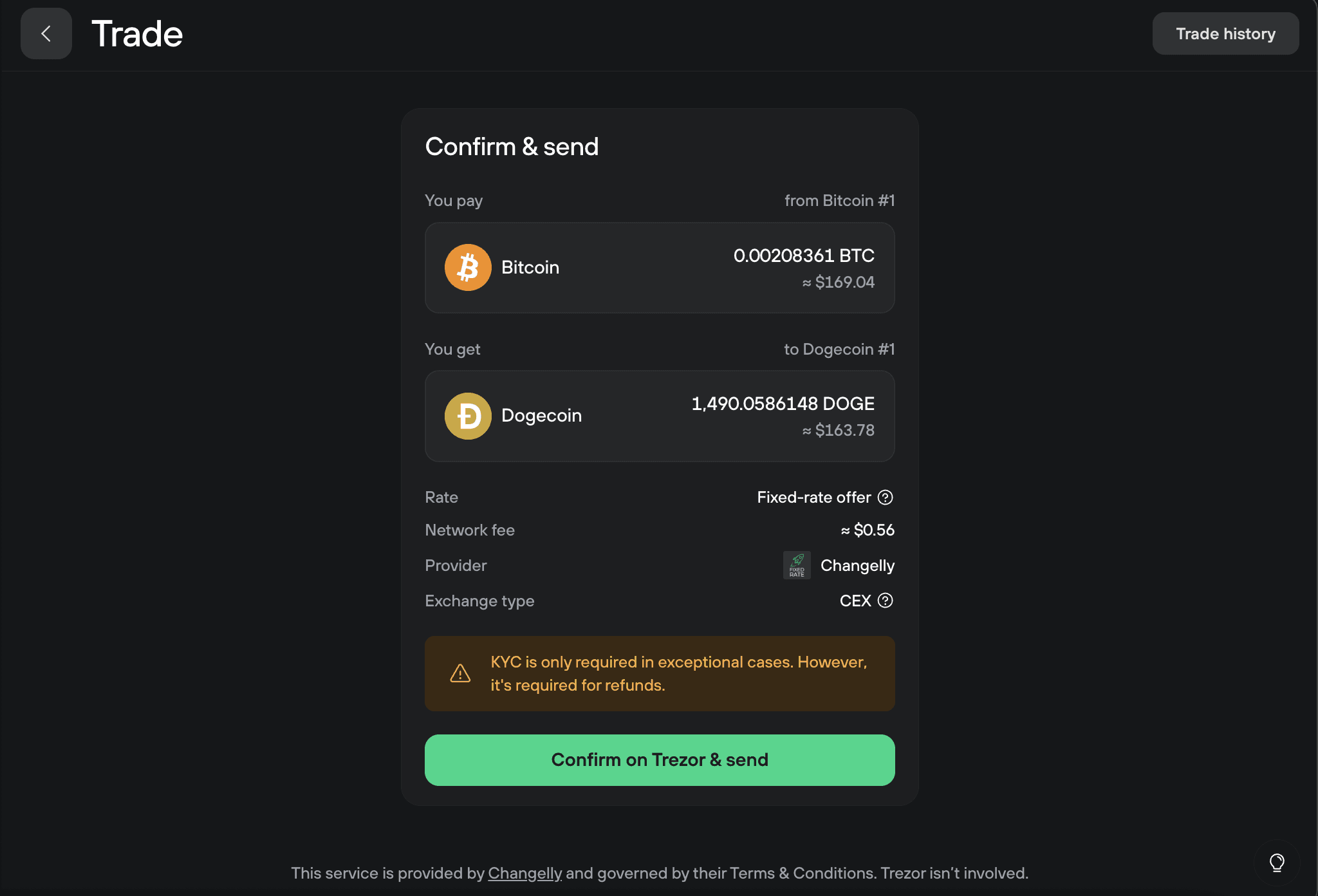 Confirm and send screen showing Bitcoin paid, Dogecoin received, fees, provider, and Trezor confirmation button