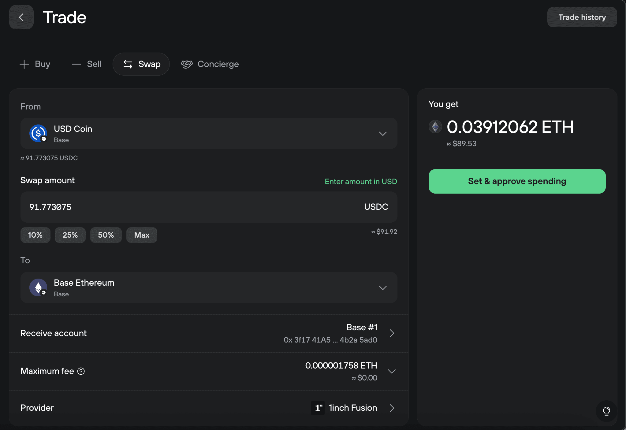 Swap form showing USDC on Base exchanged for Base Ethereum with spending approval required