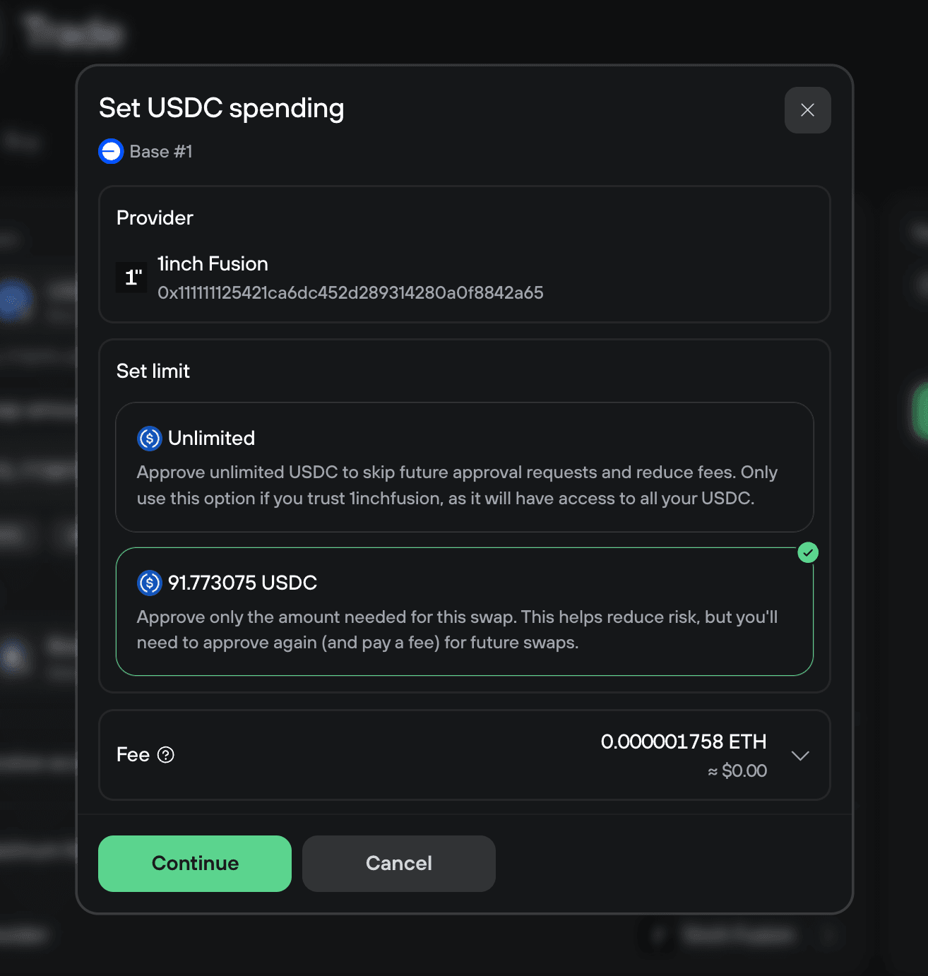 USDC spending approval modal with provider, limit options, selected swap amount, fee, and Continue button