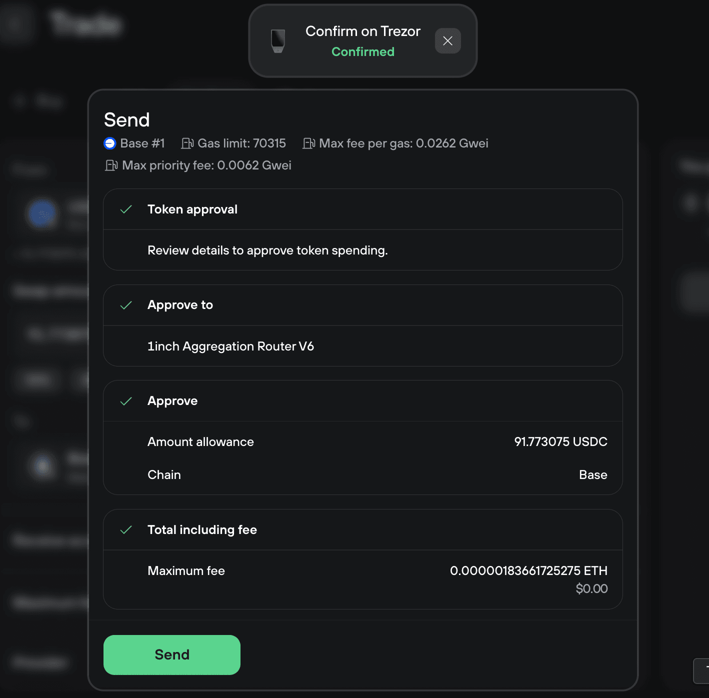 Trezor confirmation modal showing token approval, allowance, chain, maximum fee, and Send button