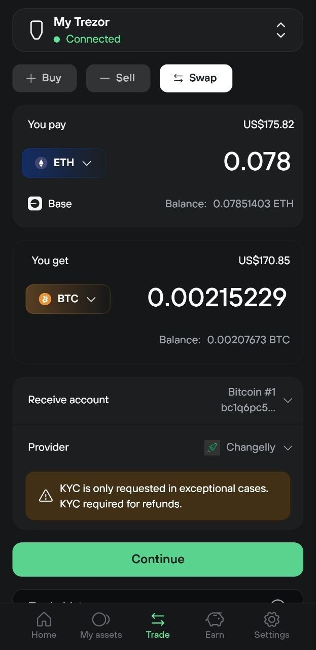 Mobile swap screen showing ETH on Base exchanged for BTC with receive account, provider, and KYC notice