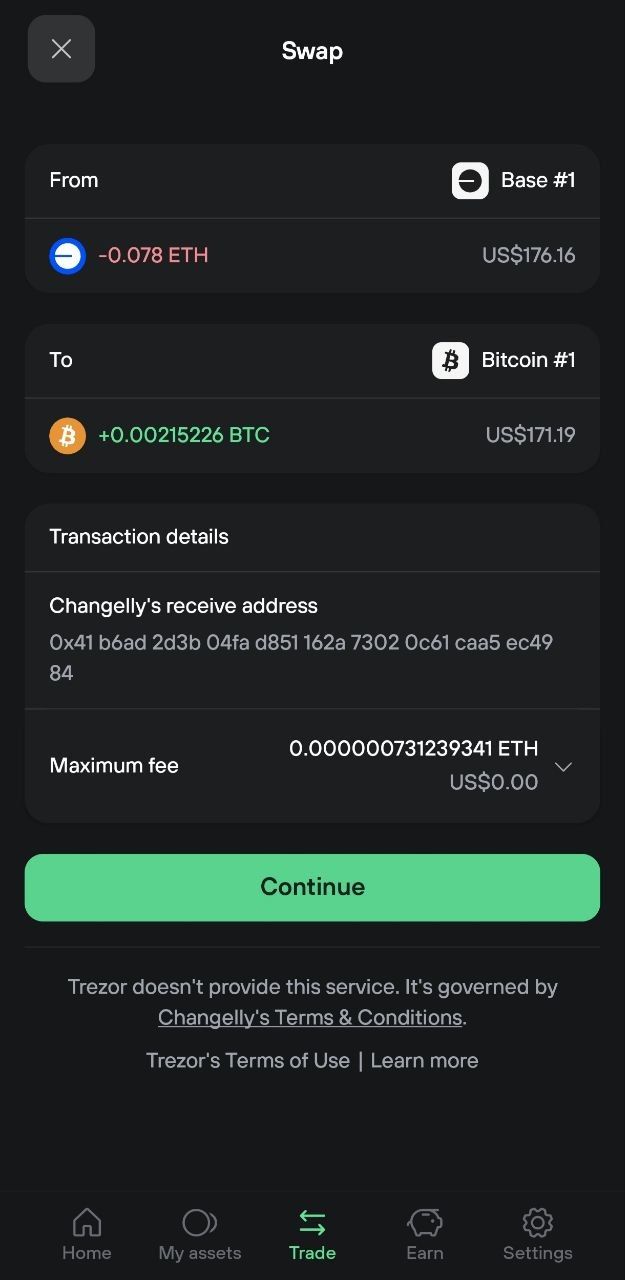 Mobile swap review showing ETH sent from Base to Bitcoin, receive address, maximum fee, and Continue button