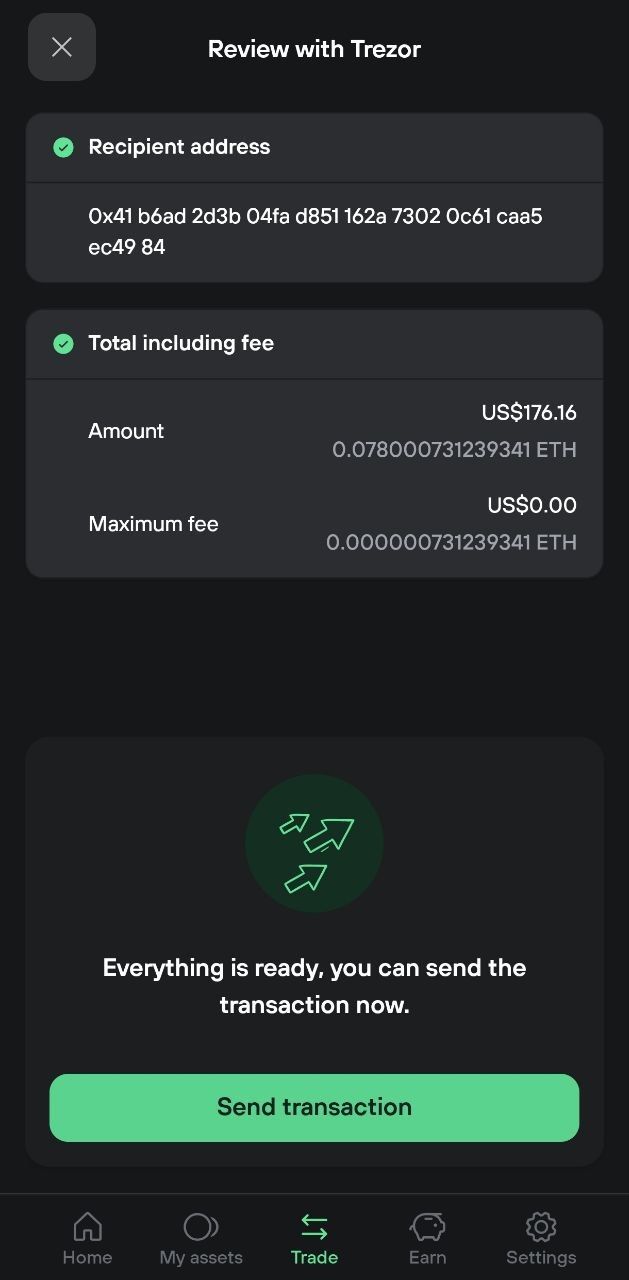 Mobile Trezor review showing recipient address, total amount, maximum fee, and Send transaction button