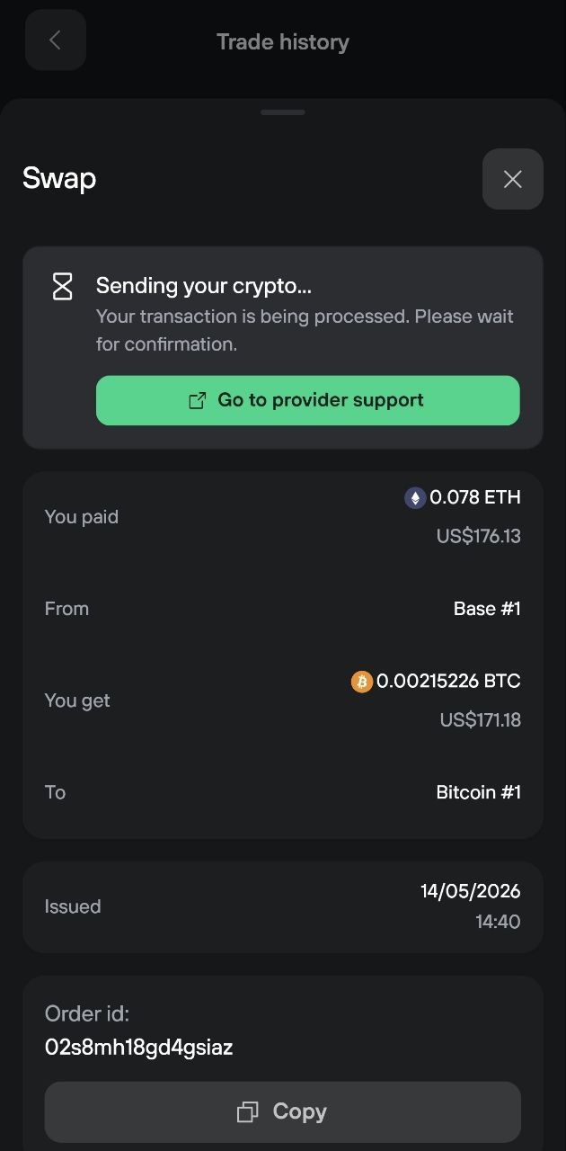 Mobile trade history showing a pending ETH-to-BTC swap, provider support, paid and received amounts, and order ID