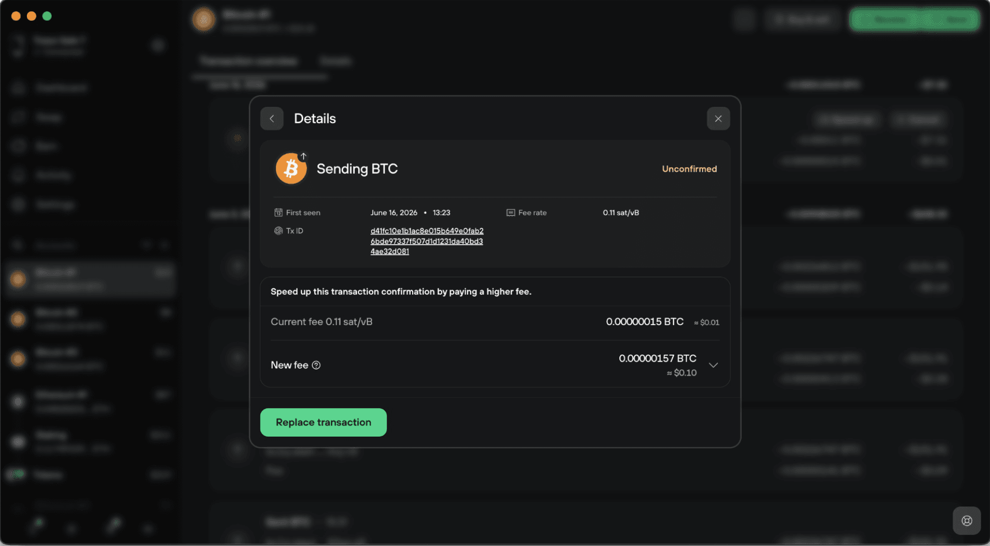 Details window showing an unconfirmed BTC send with current and new fees before replacing the transaction