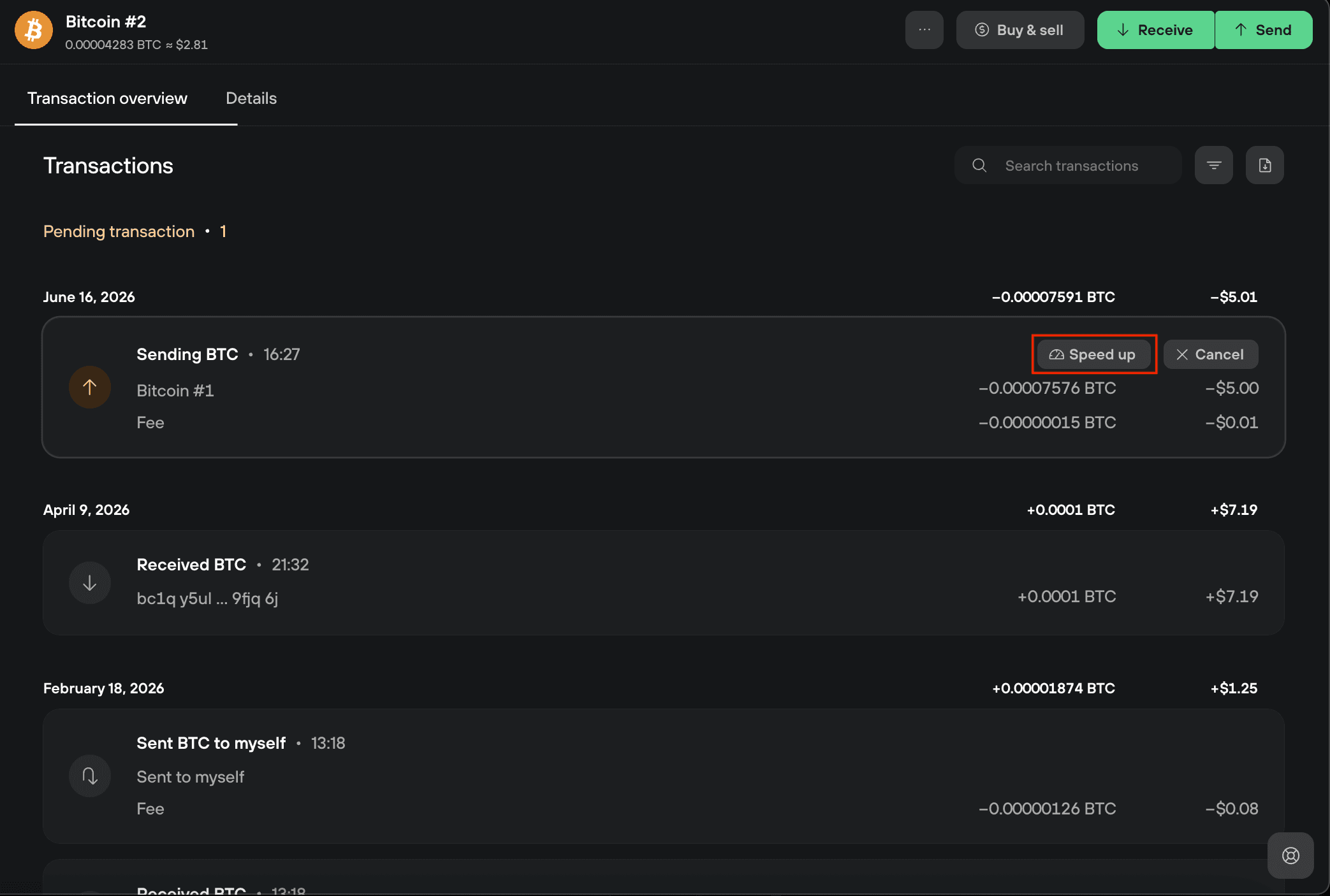 Trezor Suite transaction list showing a pending BTC send with the Speed up button highlighted