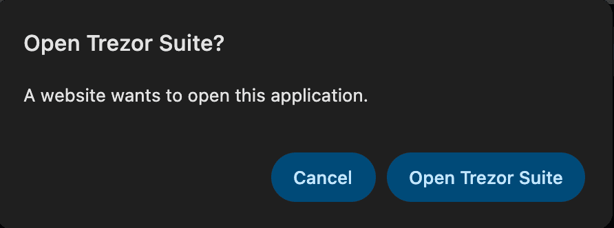 Browser prompt asks whether to open Trezor Suite, with Cancel and Open Trezor Suite buttons.