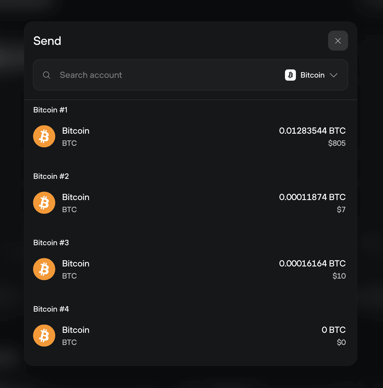 Trezor Suite Send dialog lists four Bitcoin accounts with balances for selecting the sending account.