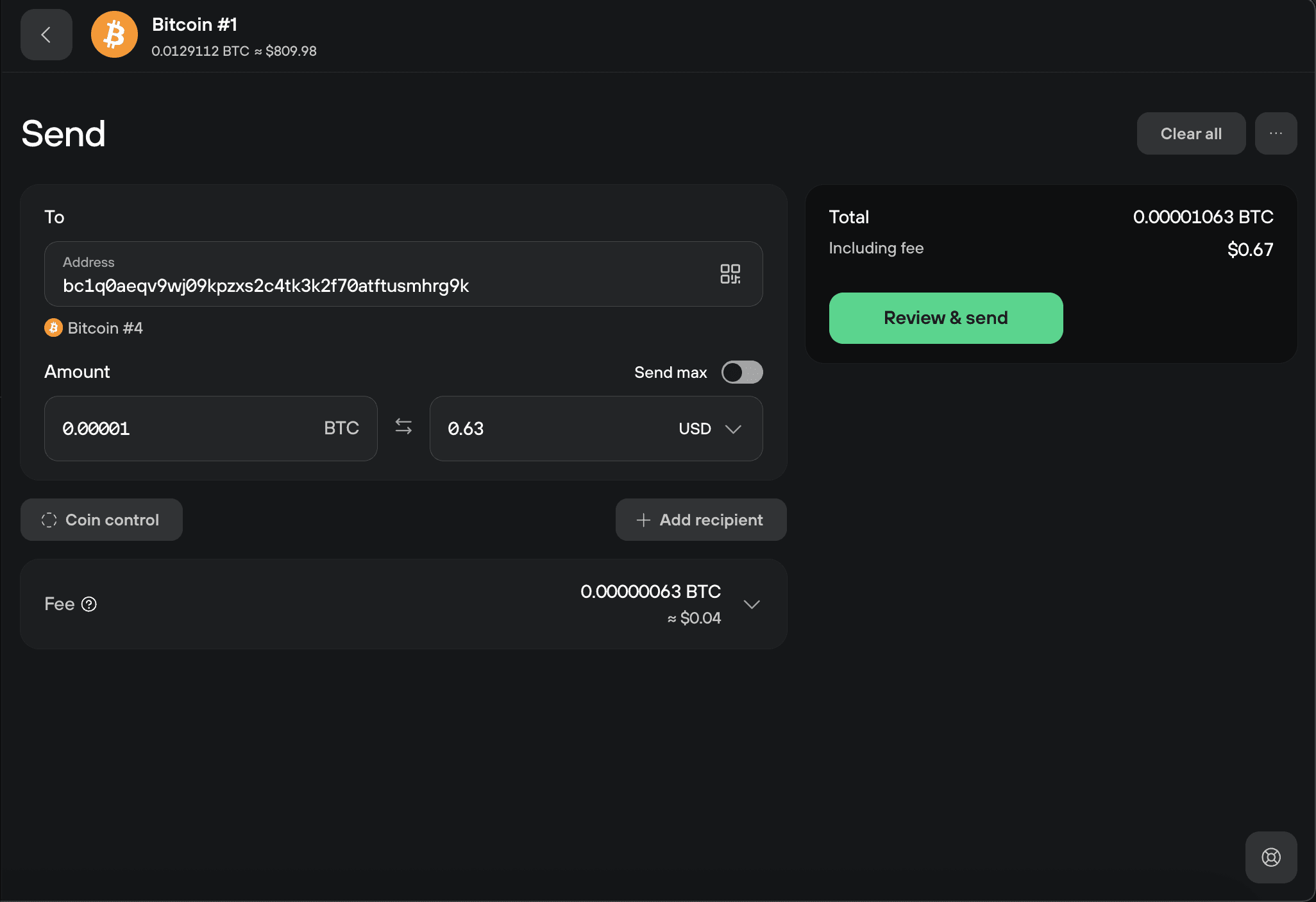 Trezor Suite Send form shows a recipient address, 0.00001 BTC amount, fee, total, and Review & send button.