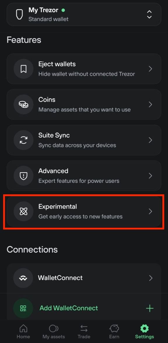 Experimental feature option highlighted in Trezor Suite mobile settings