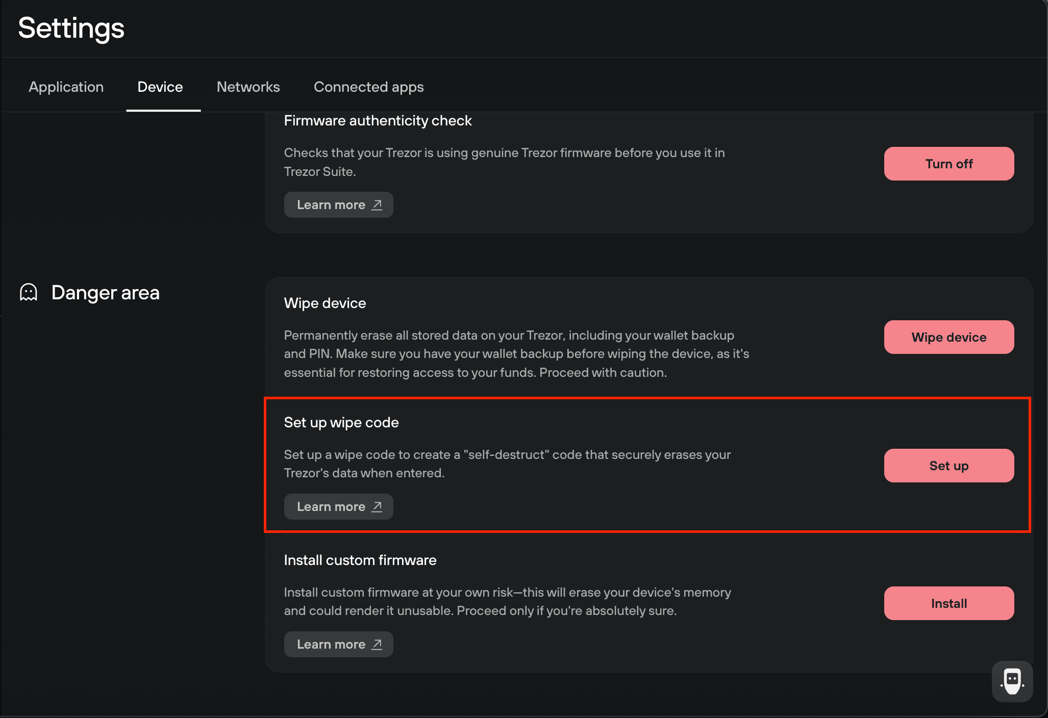 Trezor Suite Device settings highlights Set up wipe code in the Danger area, with a Set up button.