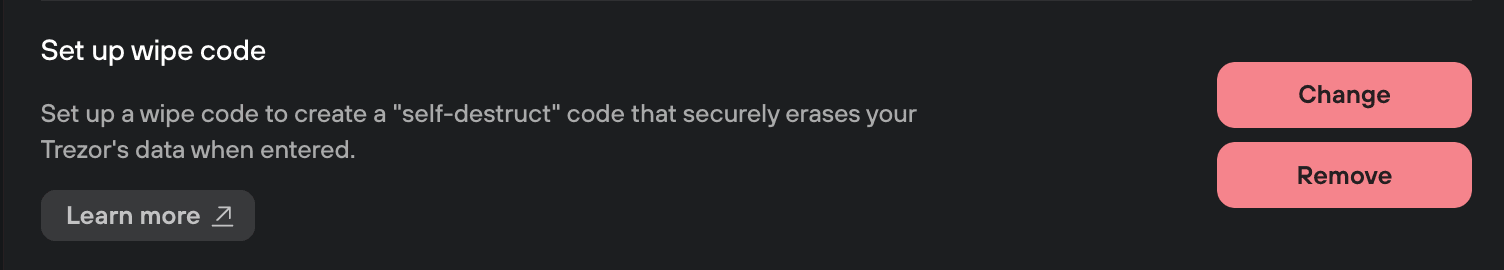 Trezor Suite wipe code settings show Change and Remove buttons for an existing wipe code.