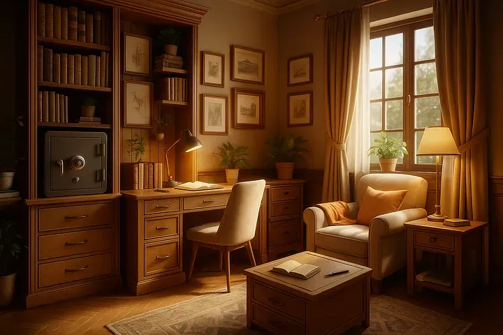 Cozy home office with a desk lamp, built-in shelves, and a wall safe beside a sunlit armchair