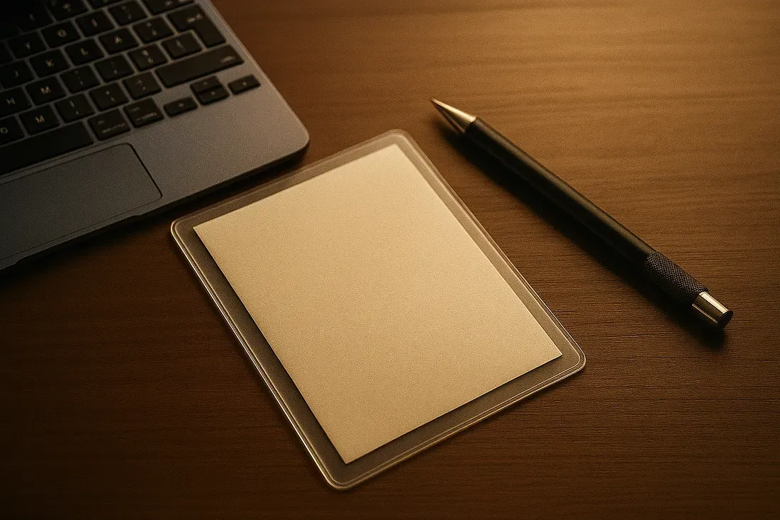 Clear plastic sleeve holding a blank card on a wooden desk, with a black pen nearby