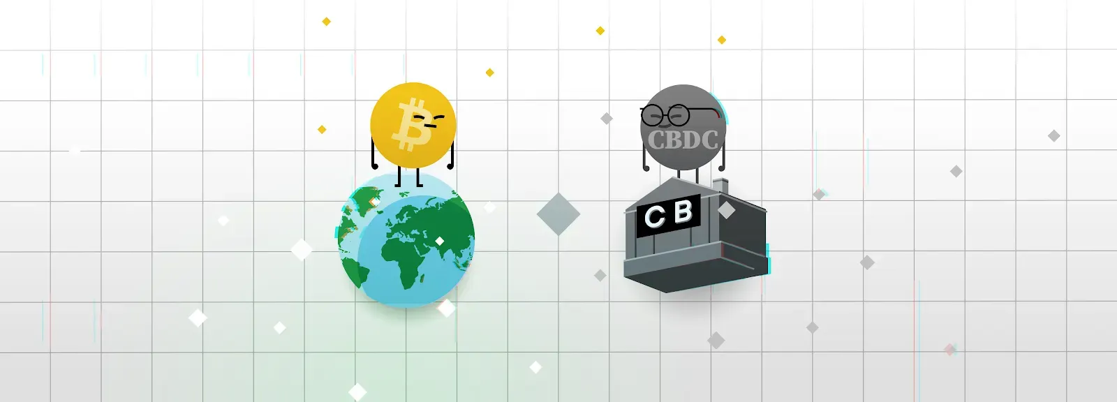 Cartoon bitcoin coin standing on a globe faces a “CBDC” coin atop a central bank building labeled “CB”