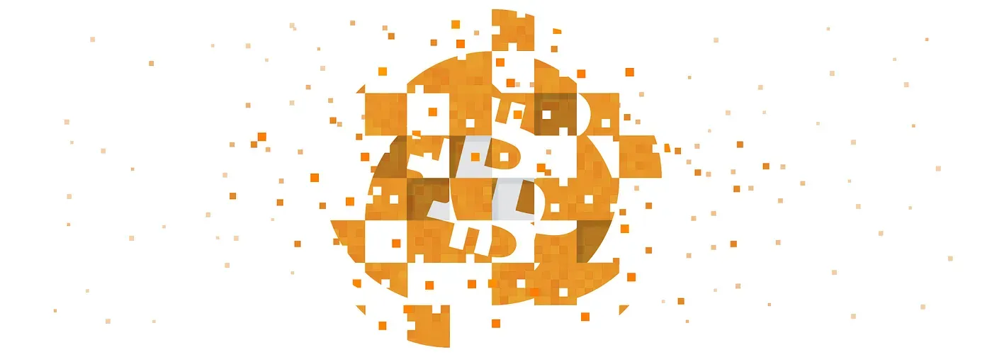 Pixelated bitcoin symbol breaking into small orange squares on a white background