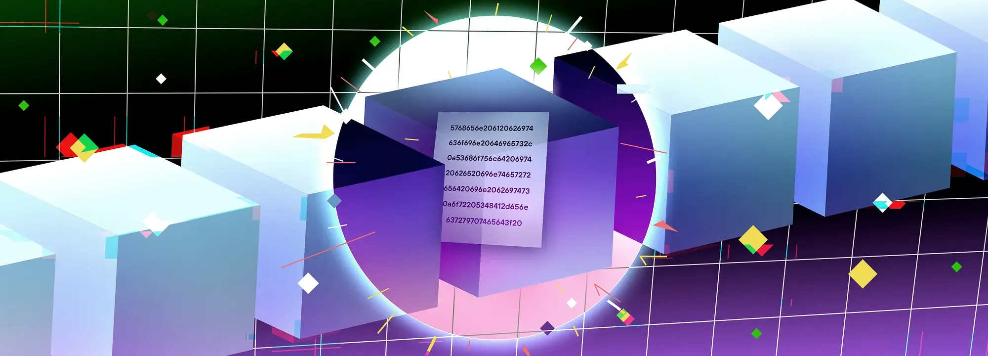 Glowing chain of blocks with a note of hash-like text attached to one block, suggesting a permanent, uncensorable message